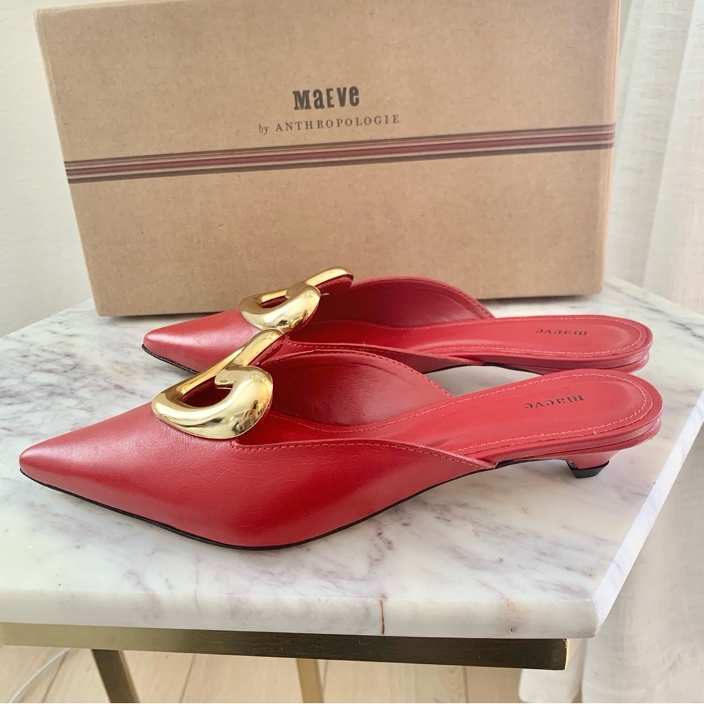 ❤️ ANTHROPOLOGIE Maeve Red Gold Heart Mule Kitten Heels Real Leather EU 36 - Picture 8 of 12